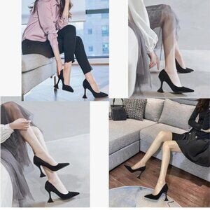 YDN Black Suede Pointed Toe Slip on Pumps Special High Heel Shoe for Party Prom